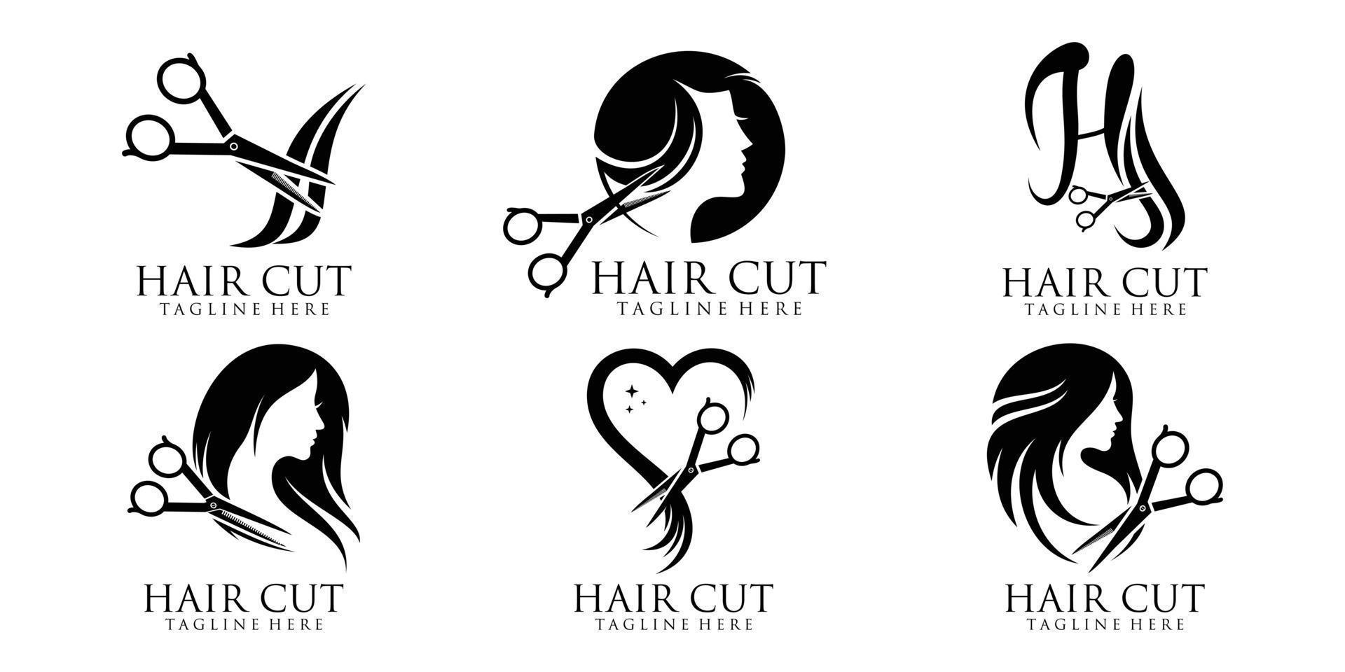 conjunto de diseño de logotipo de mujer de pelo cortado vector premium