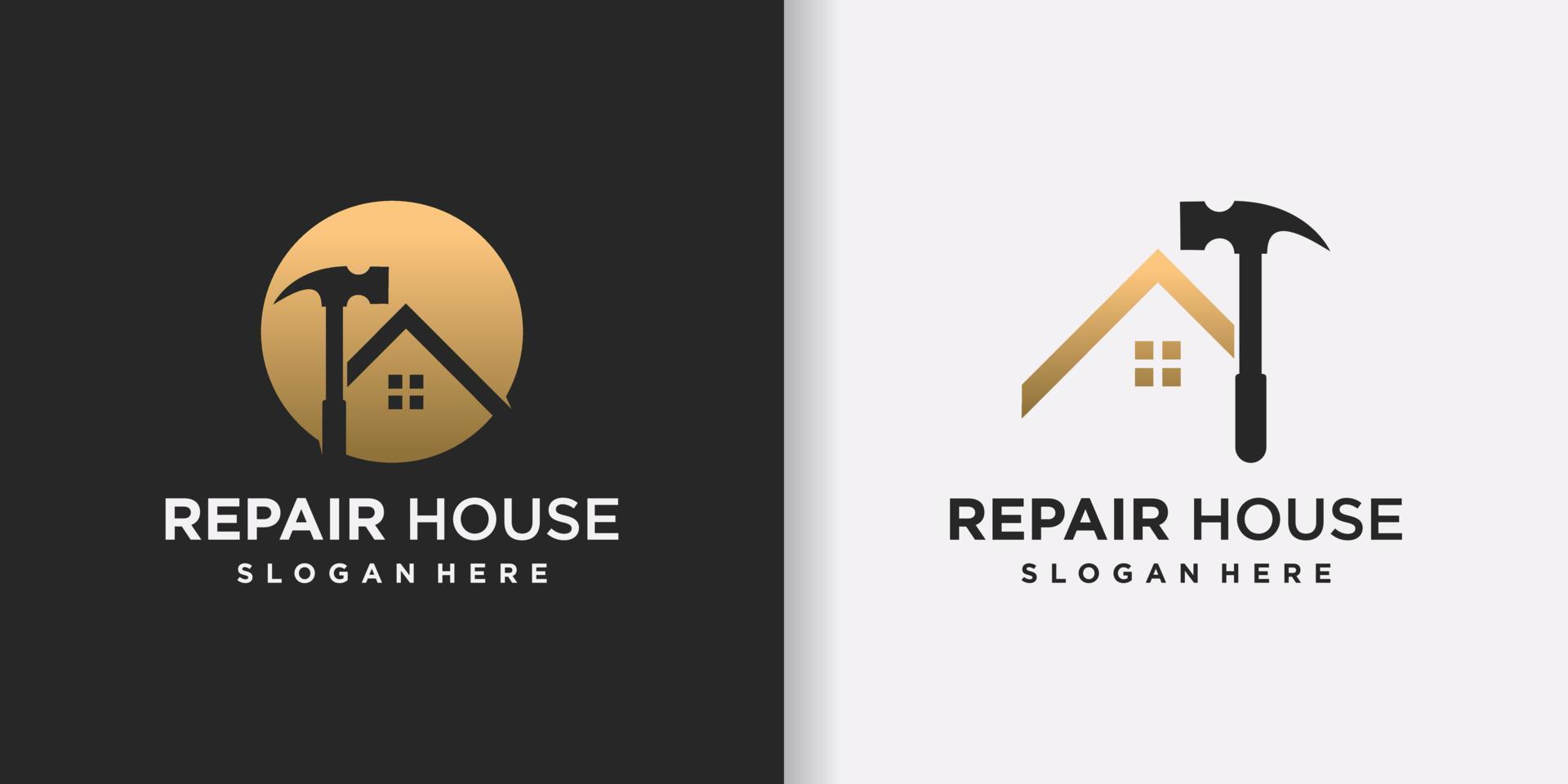 plantilla de logotipo de casa de reparación con hummer y vector premium de concepto creativo