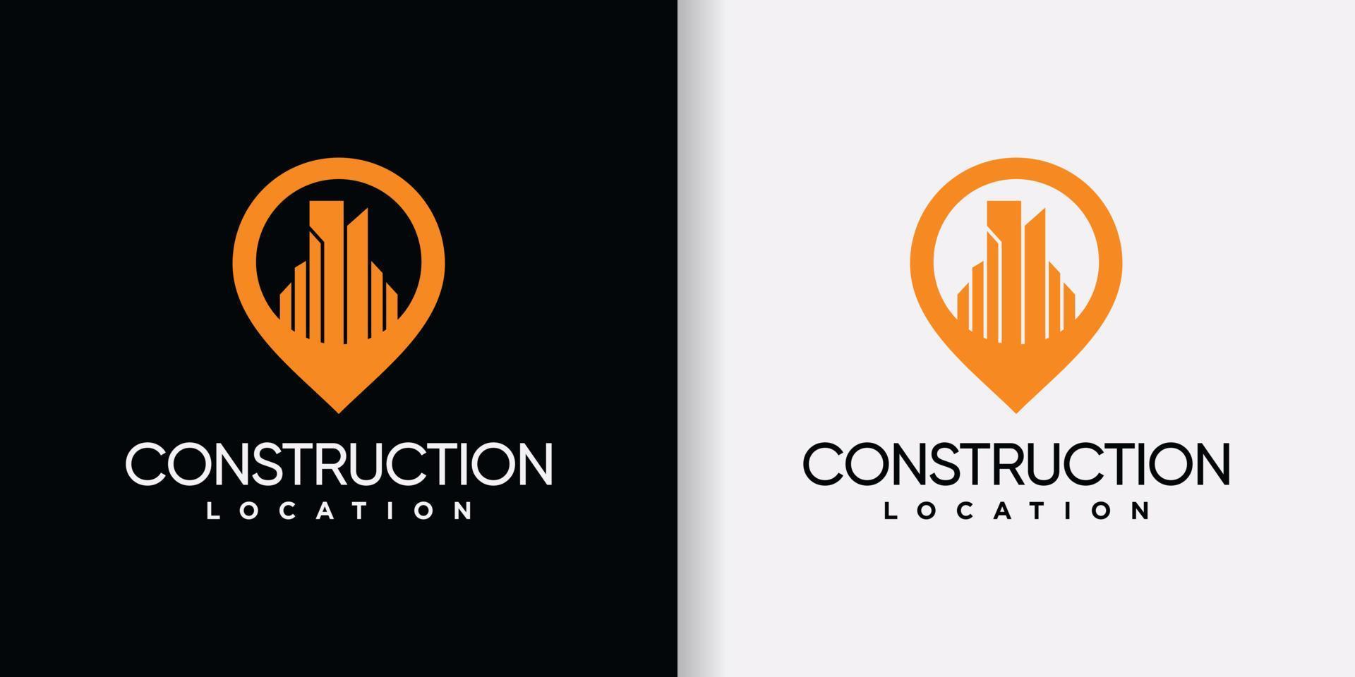 diseño de logotipo de construcción con ubicación de punto de pin y vector premium de concepto único