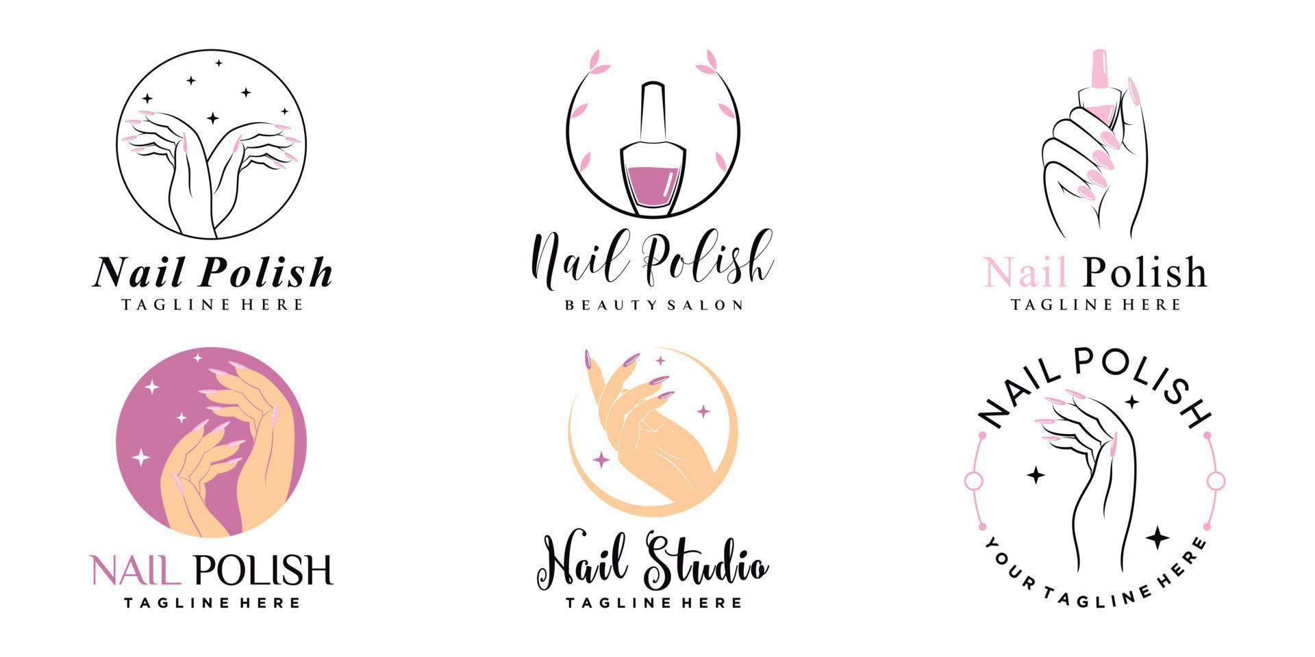 conjunto de logotipo de icono de esmalte de uñas con elemento creativo y vector premium de concepto moderno