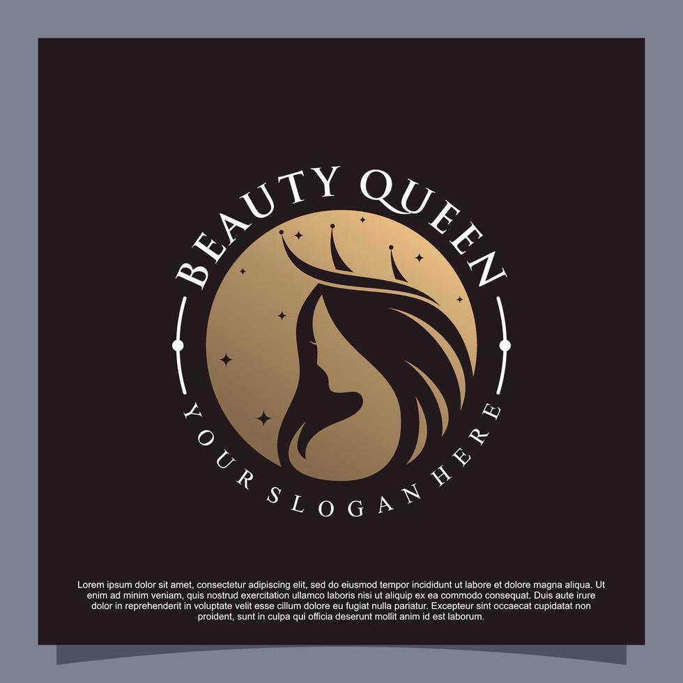 logotipo de belleza de reina con concepto de estilo de cabello creativo vector premium