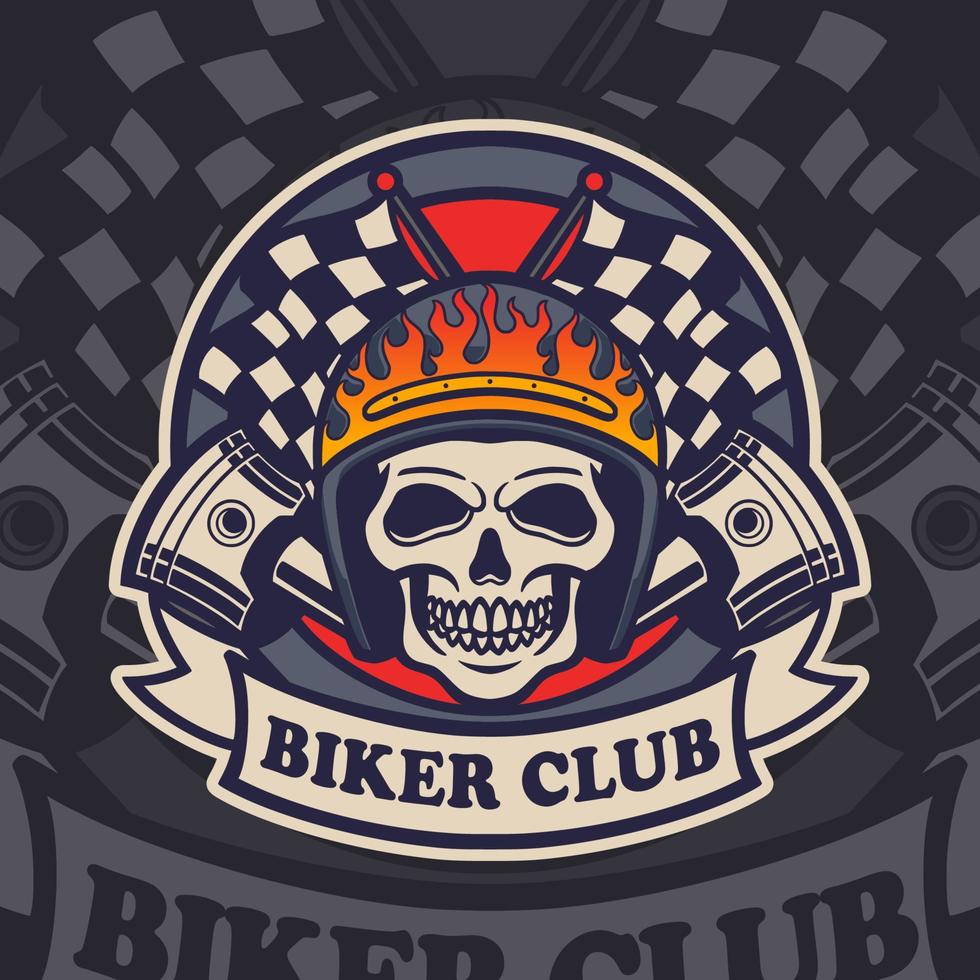 Motorcycle Club Skull Vintage Badge Logo. Skull with Helmet and Piston Label Design vector