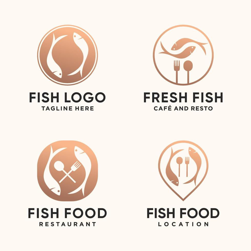 conjunto de diseño de logotipo de pescado para restaurante y cafetería con vector premium de estilo de arte lineal