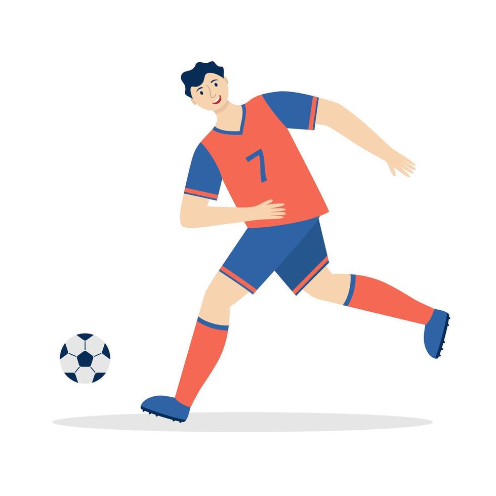 jugador de fútbol pateando la pelota. hombre de fútbol en acción aislado fondo blanco. vista frontal. ilustración vectorial colorido vector