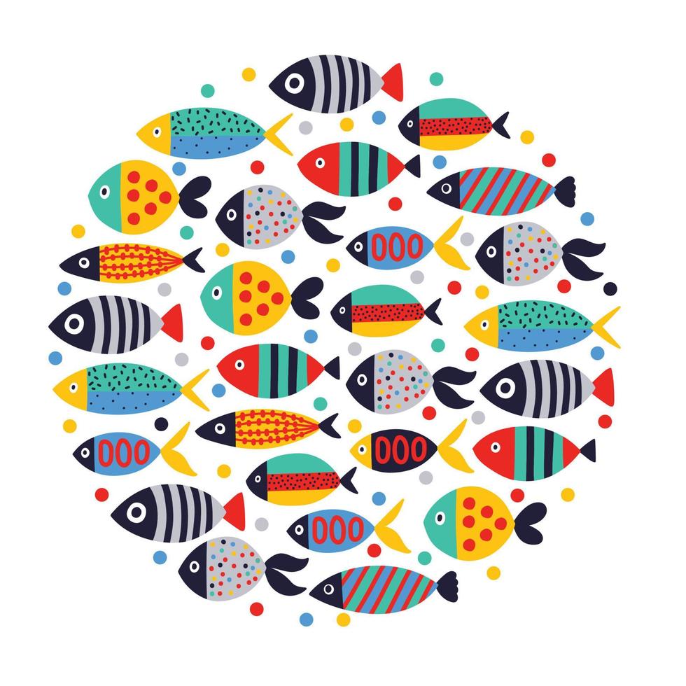 linda tarjeta de pescado. alrededor de motivo con peces. vector