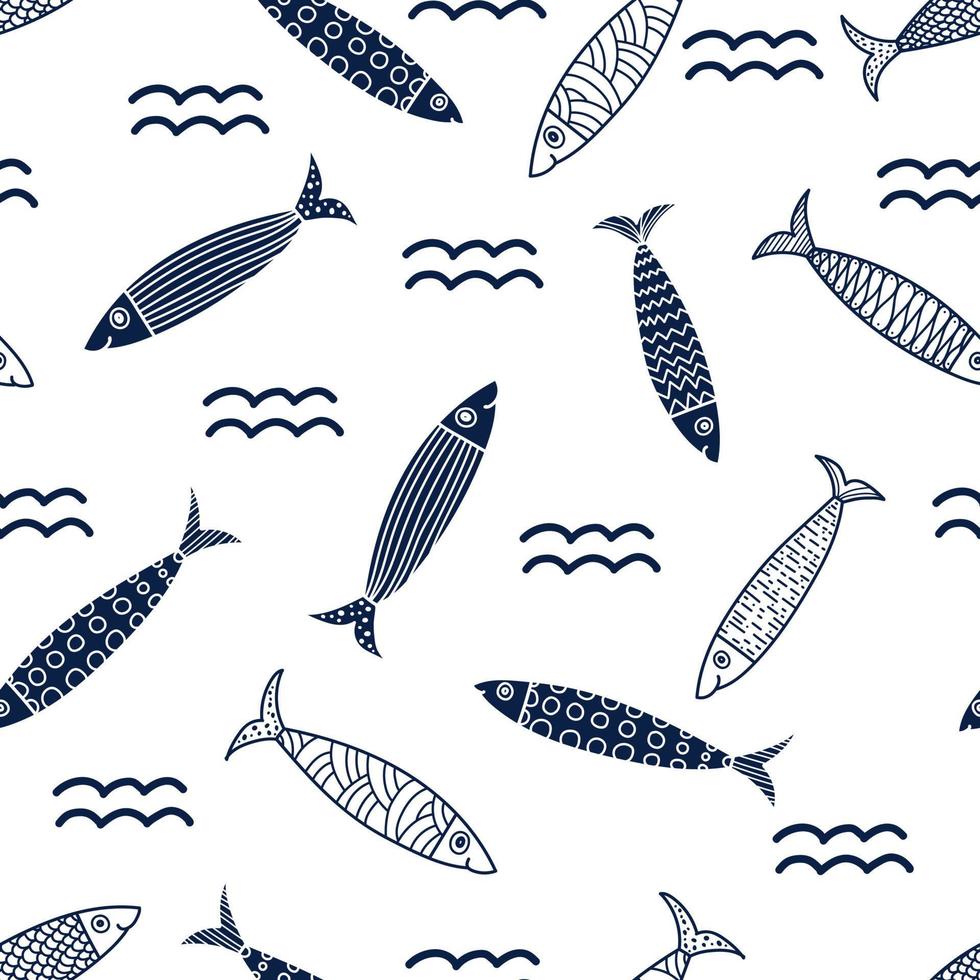 Cute sardines and waves.  Seamless pattern. Can be used in textile industry, paper, background, scrapbooking. vector