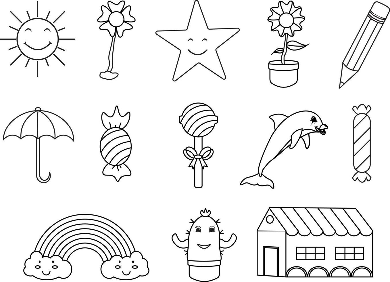 Cute things coloring page different isolated element on the white background. Cute outline illustration for kids with Sun, Flower, Stars, Pencil, Umbrella, Candy, Lollipop, Fish, Rainbow, Cactus. vector