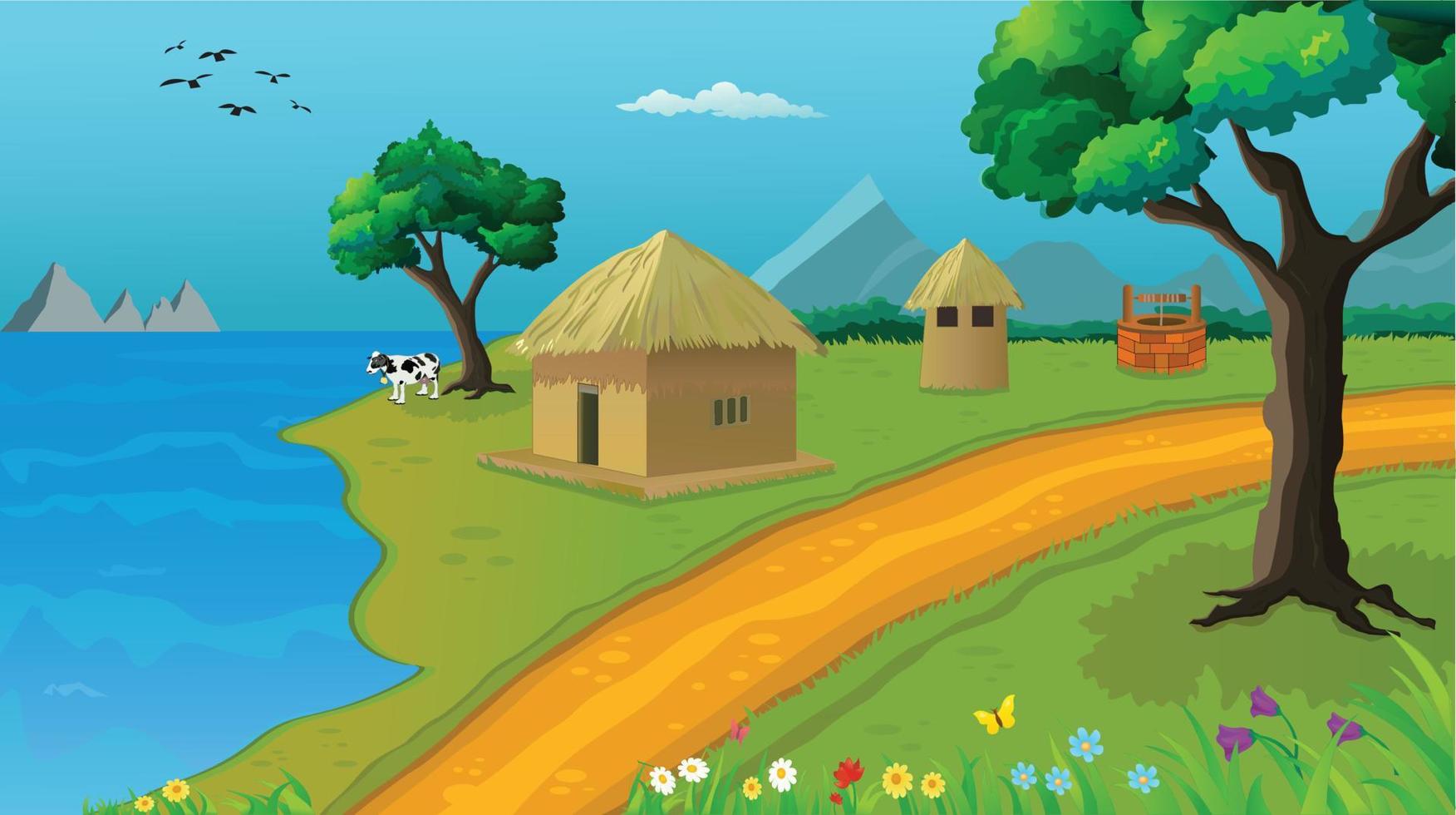 Village cartoon background illustration with sun, cottage, lake, trees, and narrow road. vector