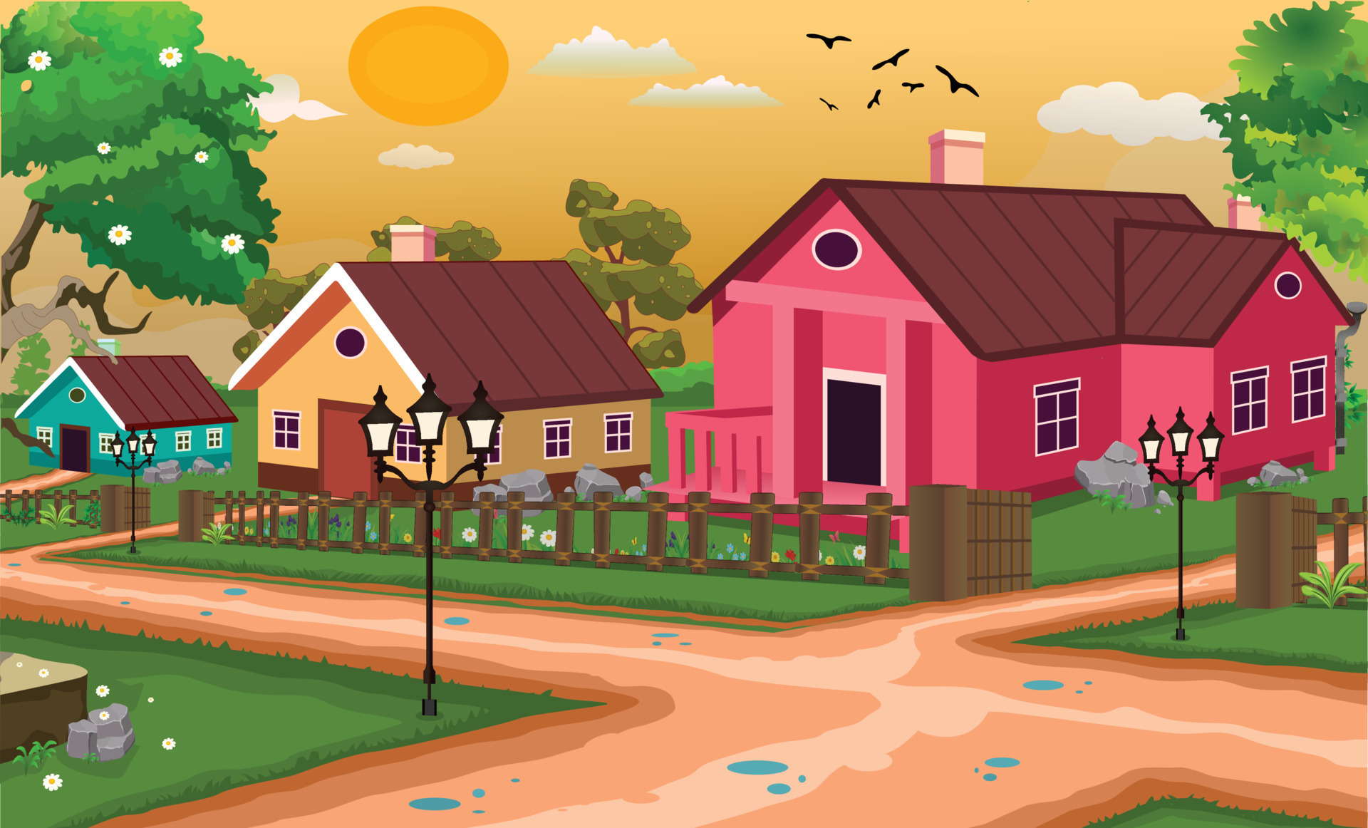 Village cartoon background illustration with sun, houses trees, street  light and narrow road. 10840826 Vector Art at Vecteezy