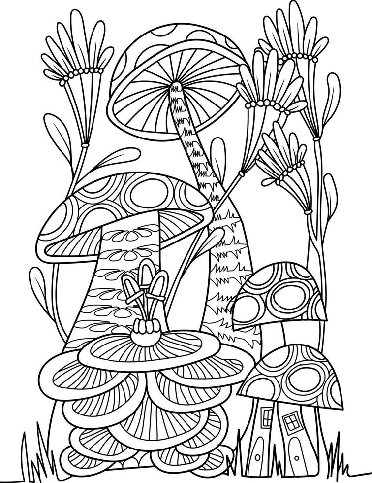 Mushroom Magical House Coloring Page For Adults vector