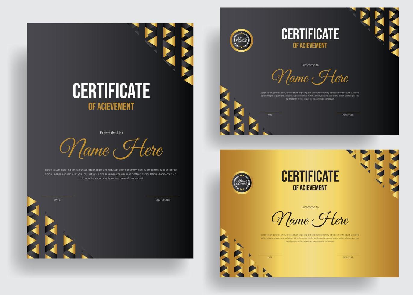 plantilla de certificado moderno con diseño plano, plantilla de diseño de certificado de diploma corporativo, universidad, certificado de diploma de concurso, certificado de reconocimiento mejor conjunto de diploma de premio, oro premium, anuncios vector