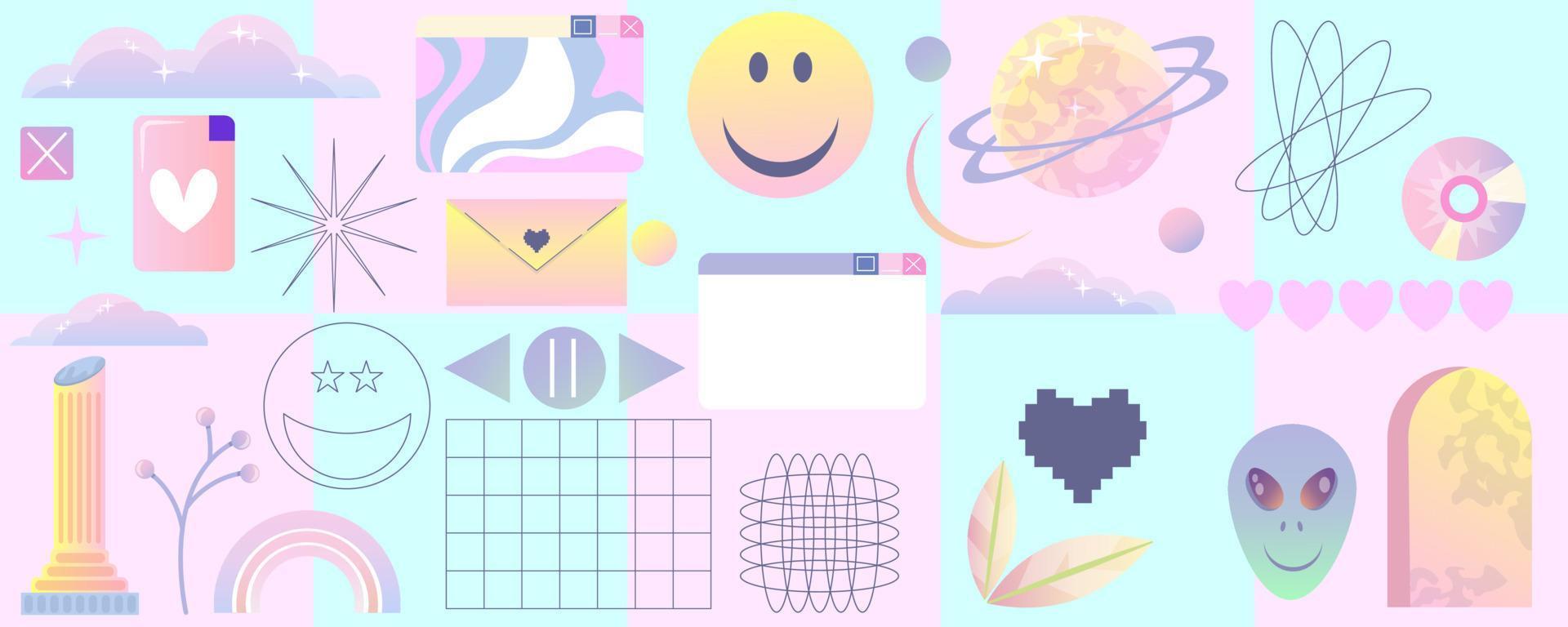 Retro vaporwave set y2k style. Aesthetic pop interface. Flat vector illustration. Digital space. Ui design. Y2k aesthetic. Retro vector illustration