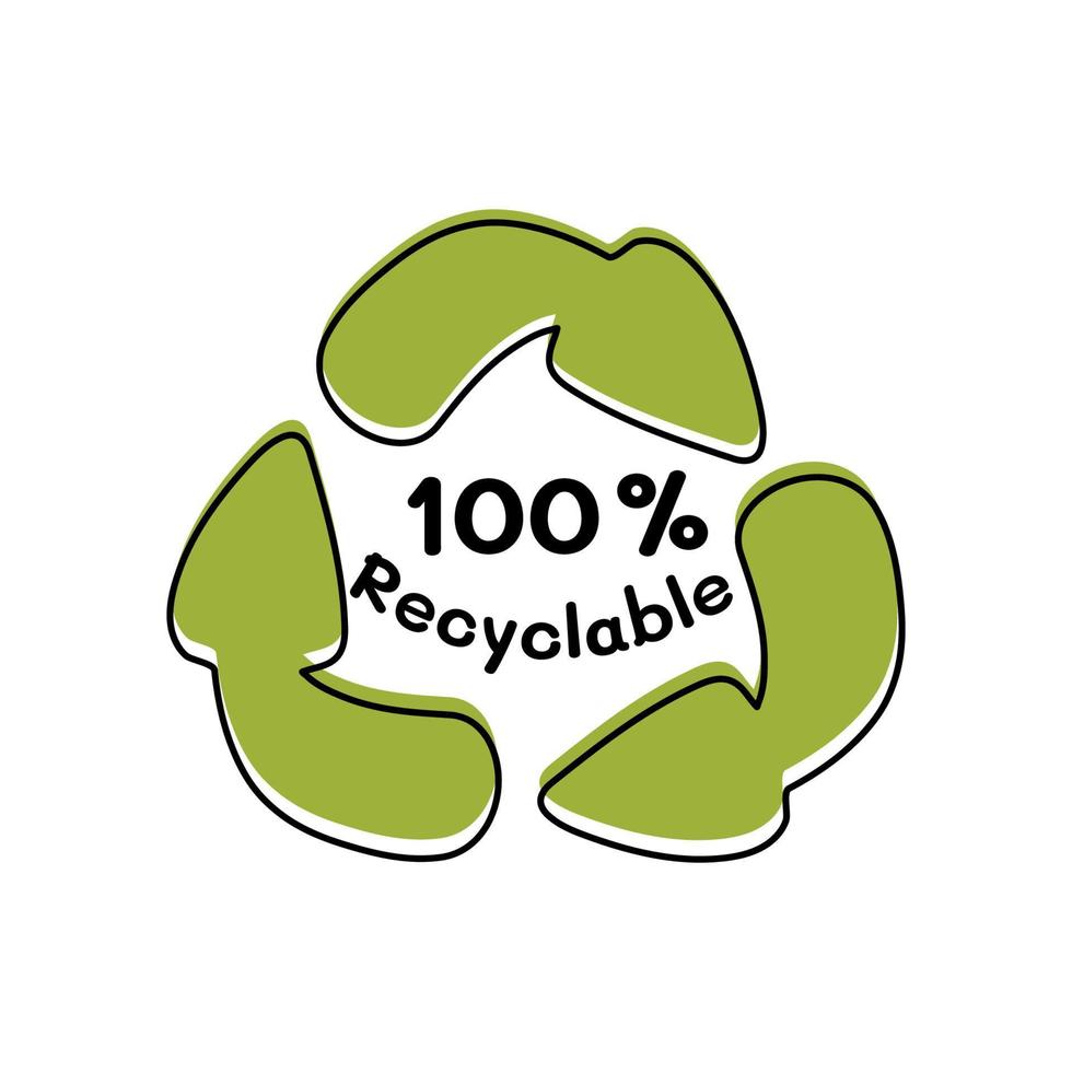 100 percents recyclable. Recycled arrows sign. Vector flat illustration.