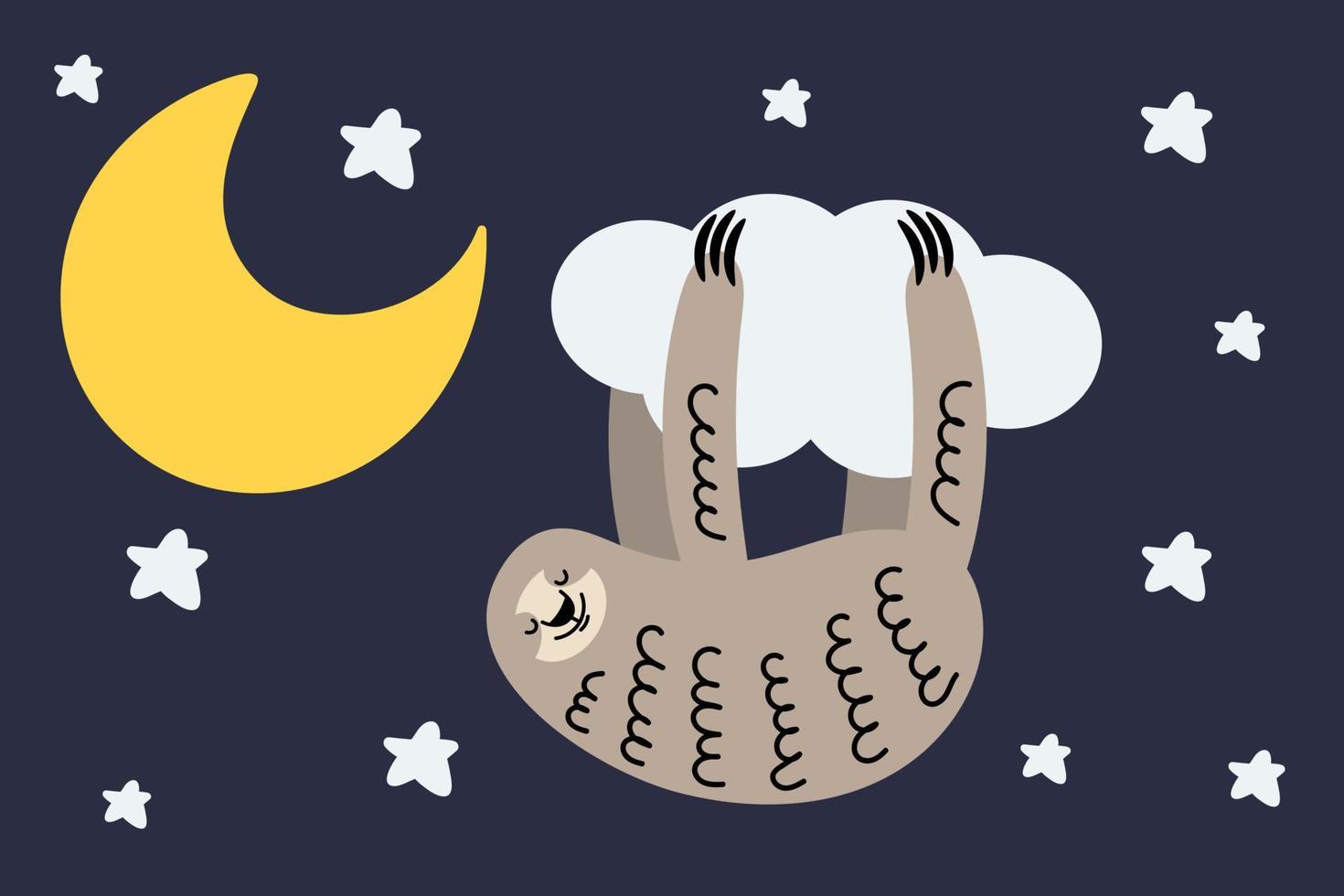 Cute cartoon lazy sloth hanging on a cloud with stars and crescent moon. Vector sloth illustration.
