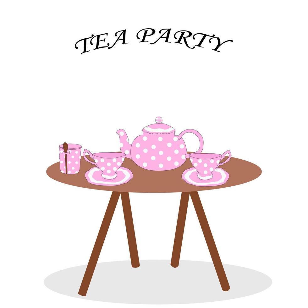juego de tetera tetera y tazas de flores de rosa en la mesa. ilustración vectorial de beber té vector