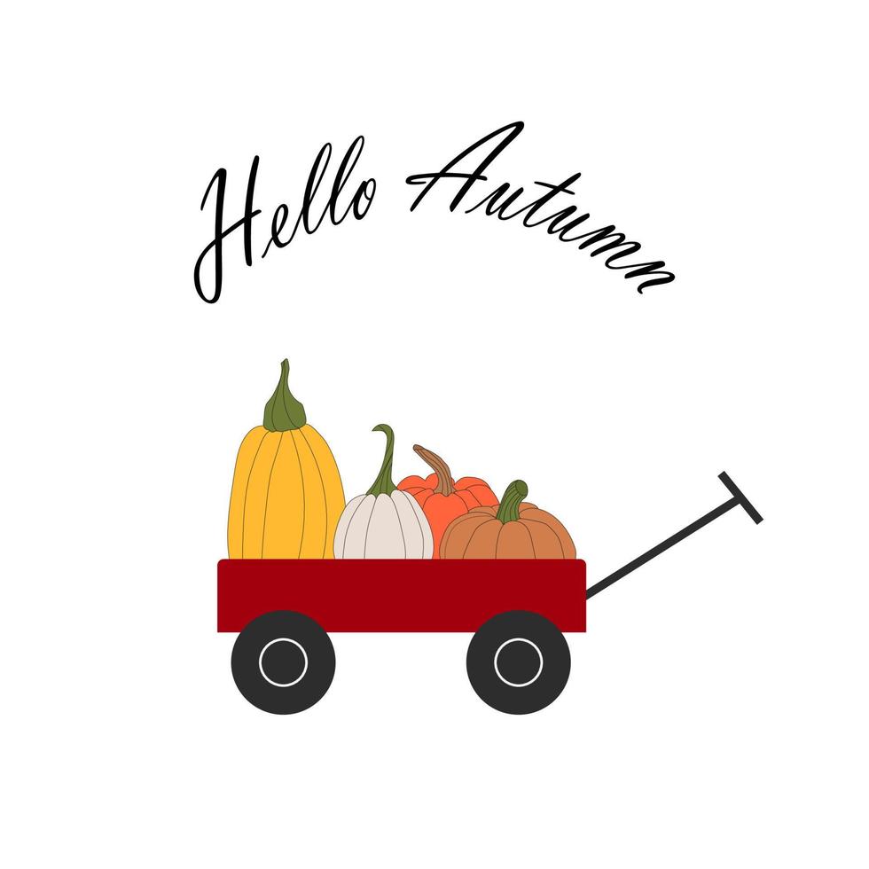 cart full of pumpkins. Thanksgiving and Halloween vector illustrations