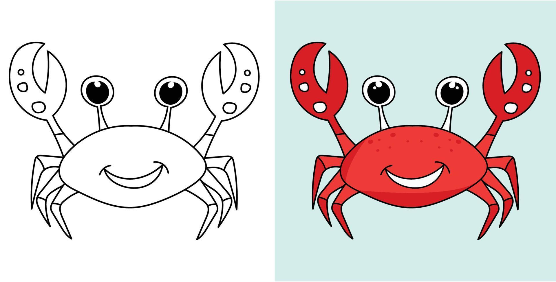 Hand-drawn outline sea animals crab illustration cartoon character vector coloring page for kids