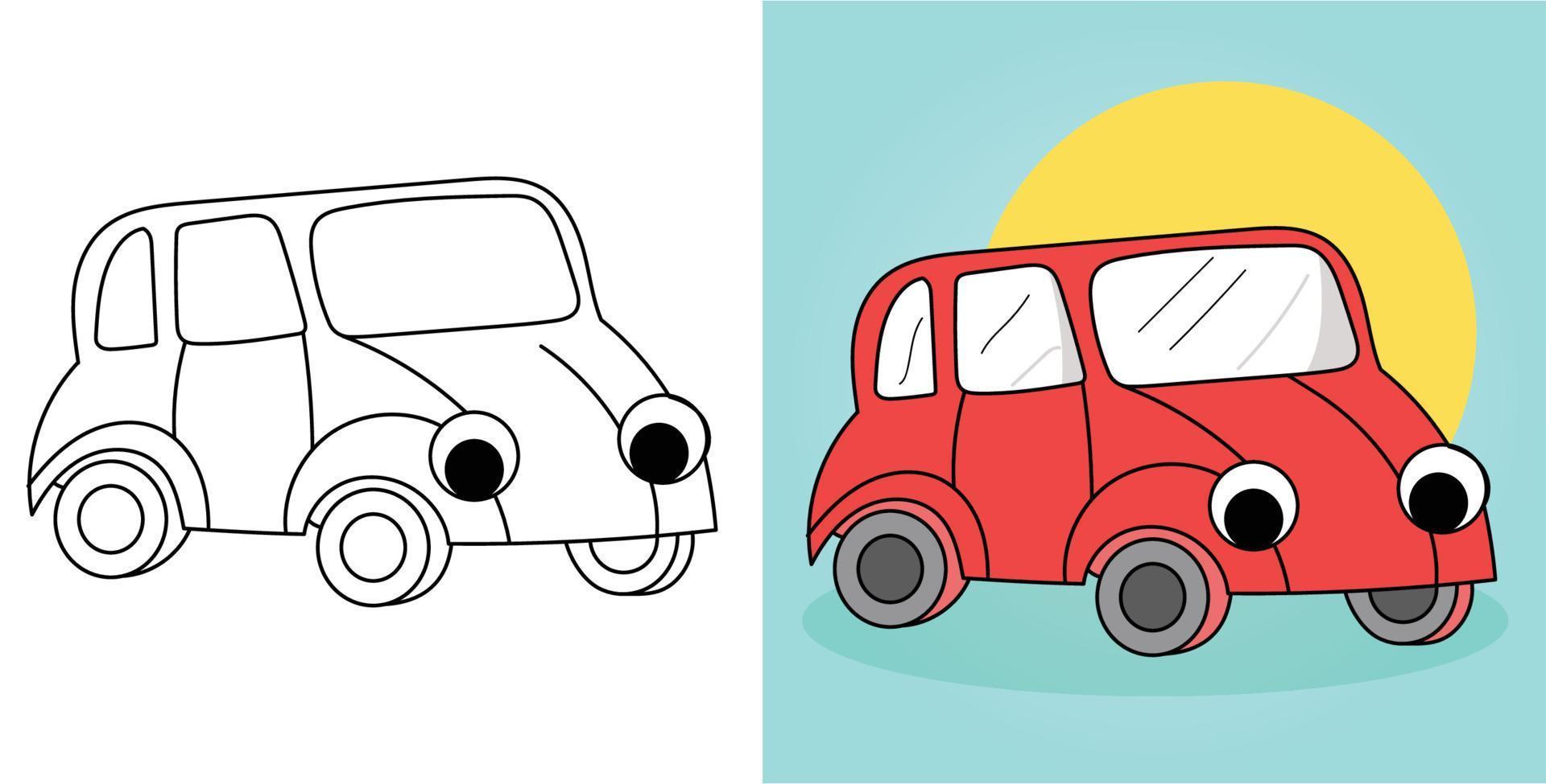 contorno dibujado a mano vehículo lindo viejo coche clásico ilustración personaje de dibujos animados vector página para colorear para niños