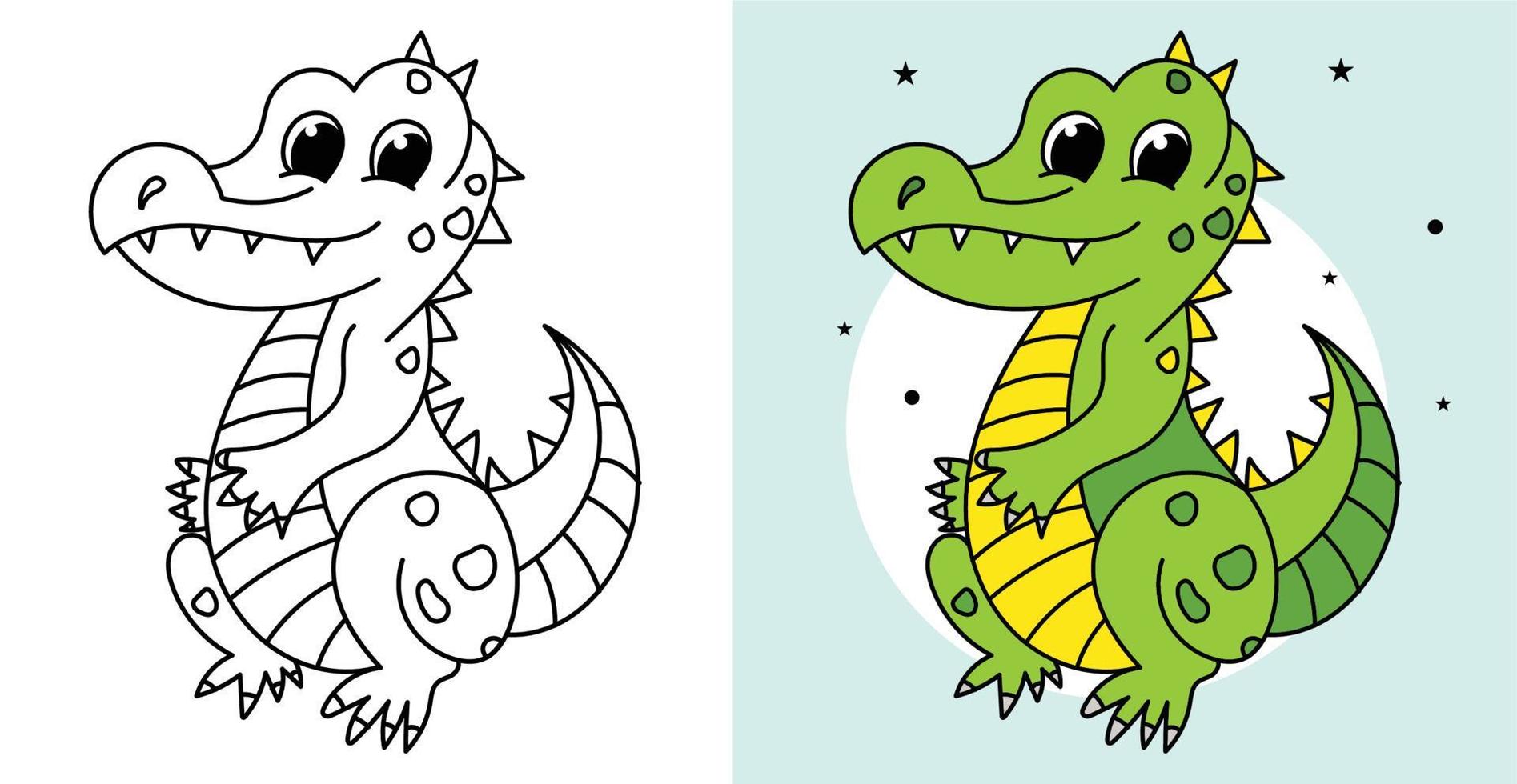 Hand-drawn outline animals alligator illustration Crocodilia cartoon character vector coloring page for kids