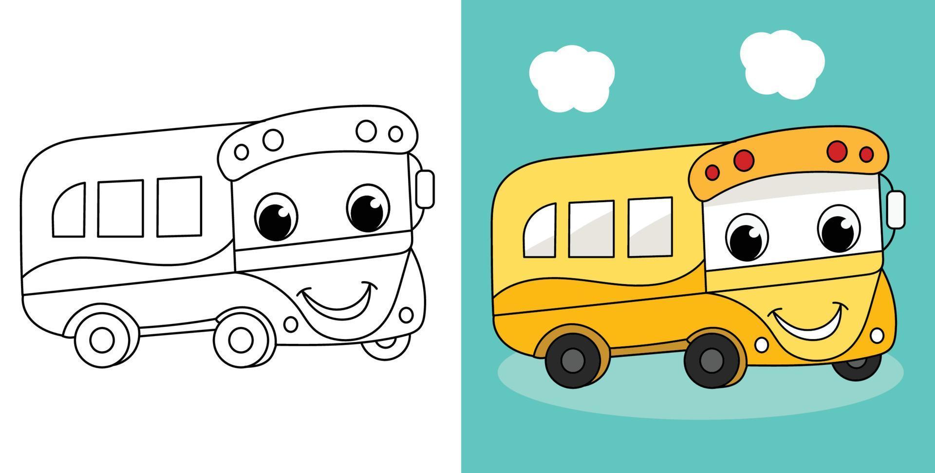 contorno dibujado a mano vehículo lindo autobús escolar ilustración personaje de dibujos animados vector página para colorear para niños