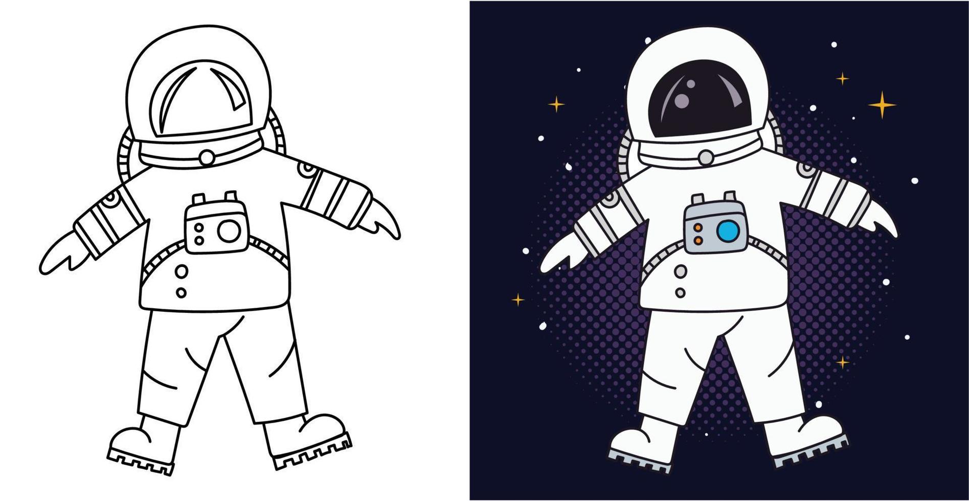 Hand-drawn outline space astronaut illustration cartoon character vector coloring page for kids