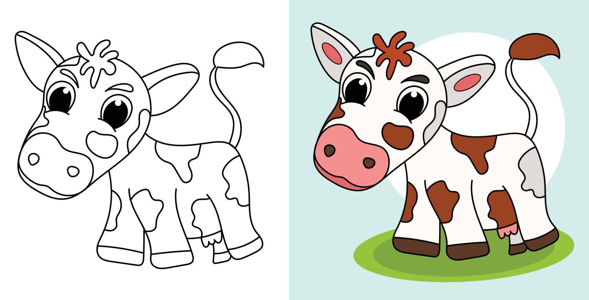 Hand-drawn outline farm animals cow illustration Cattle cartoon character vector coloring page for kids