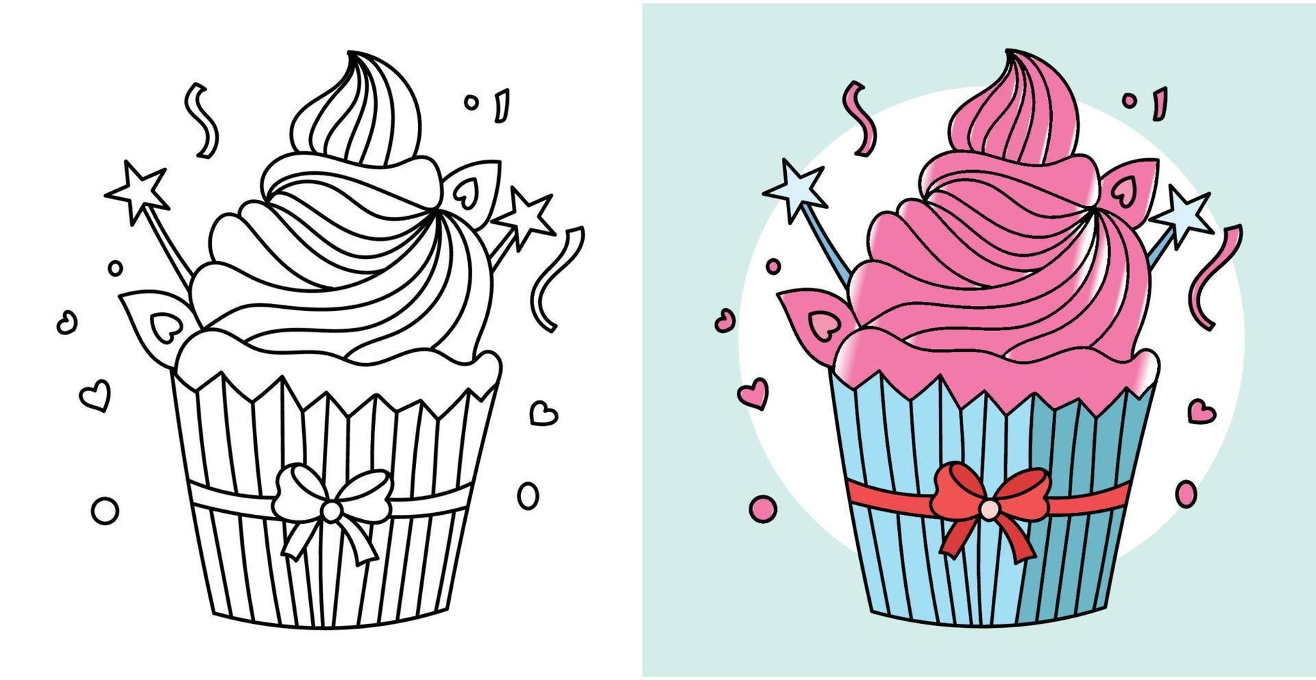 contorno dibujado a mano ilustración de pastel de taza dulce personaje de postre de dibujos animados vector página para colorear para niños