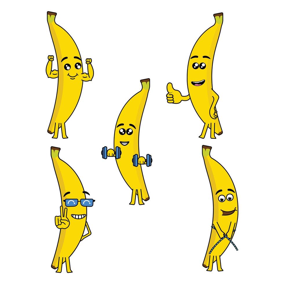 lindo sonriente feliz carácter de plátano fuerte. icono de ilustración de personaje de dibujos animados de vector kawaii plano. Aislado en un fondo blanco. plátano, estilo de vida de gimnasio, ejercicio, salud, concepto de nutrición de fitness