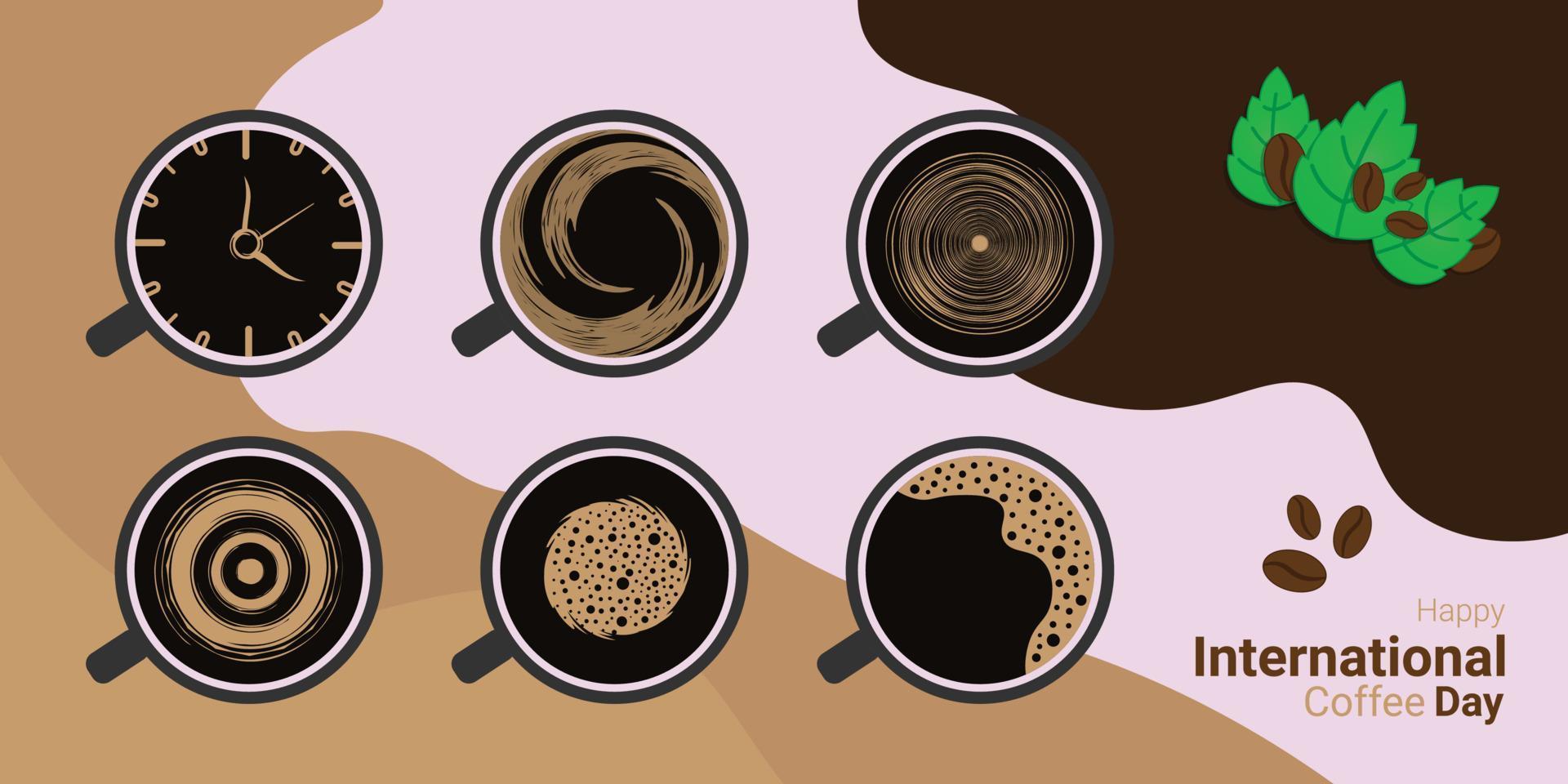 banner de taza de café con decoración de café y hojas, para conmemorar el día internacional del café vector