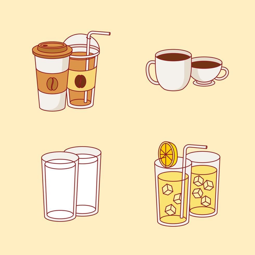 Drink set coffee tea milk and orange in flat cartoon style vector