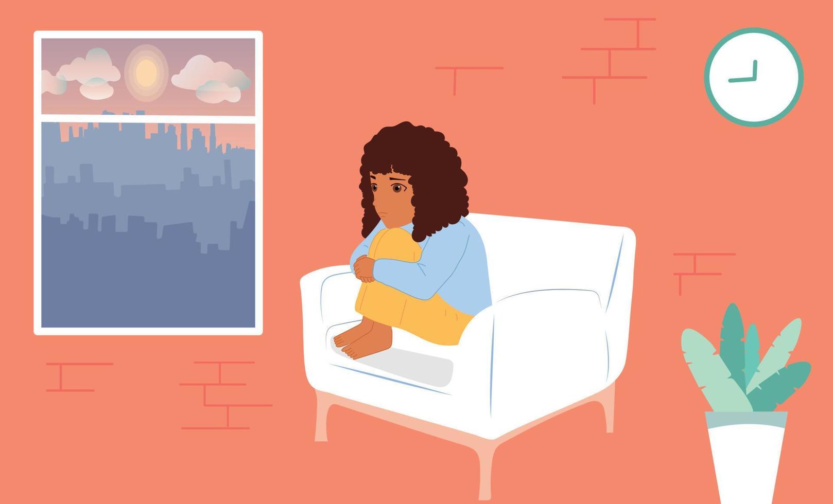Sad african american girl is sitting on the sofa near the window. vector