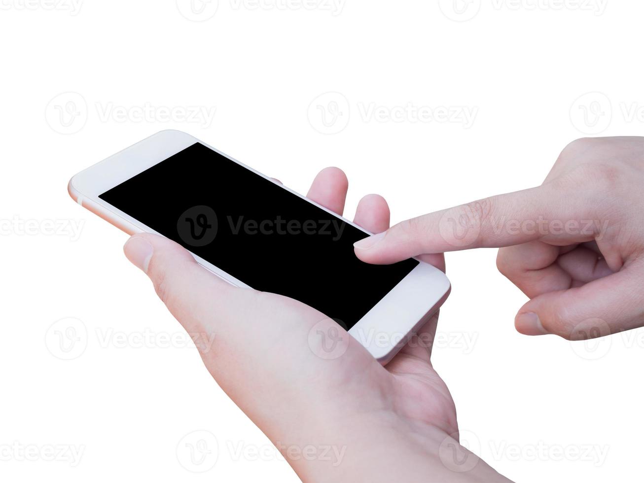 Hand holding smart phone isolated on white background photo