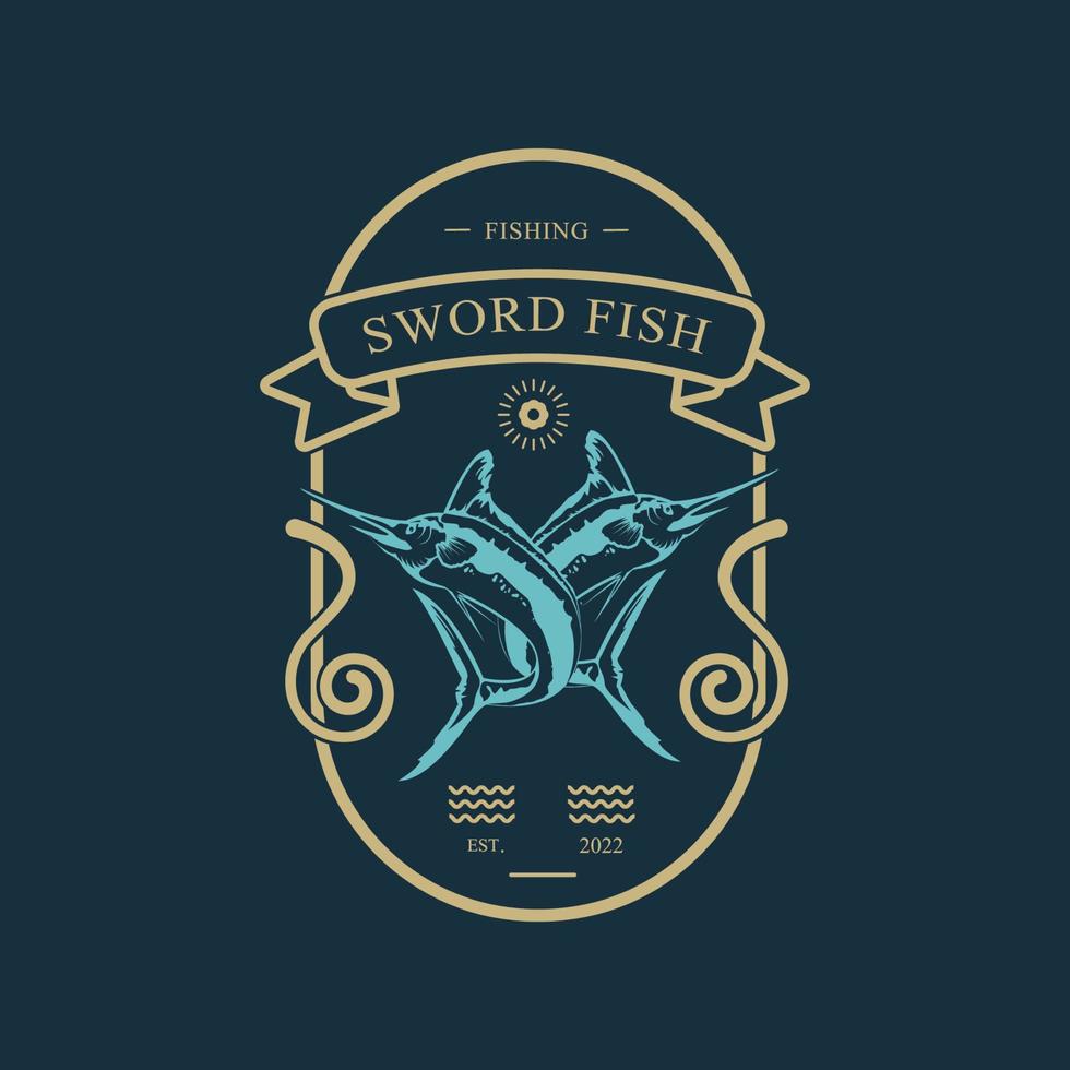 Dos señuelos cruzados de pez espada monocromo pesca caza vintage logo texturizado ilustración vectorial. vector