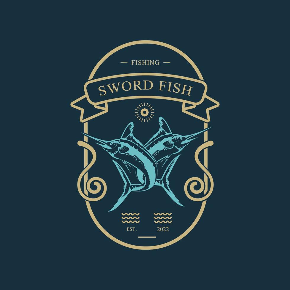 Two crossed swordfish hook lure monochrome fishing hunting vintage textured logo vector illustration.