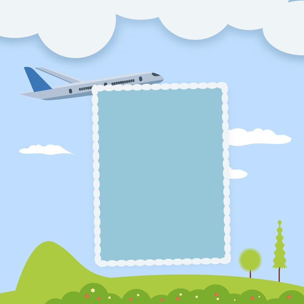 invitación a la ducha de bebé con avión, paisaje nublado sobre fondo azul, tarjeta vectorial con espacio de copia para la foto del bebé vector