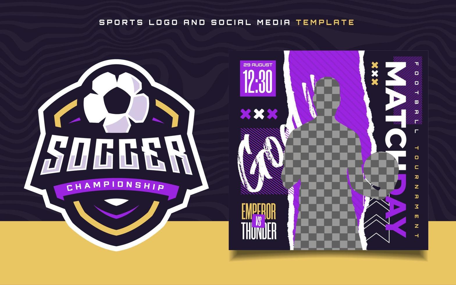 logotipo deportivo de fútbol y volante de banner del día del partido para publicación en redes sociales vector