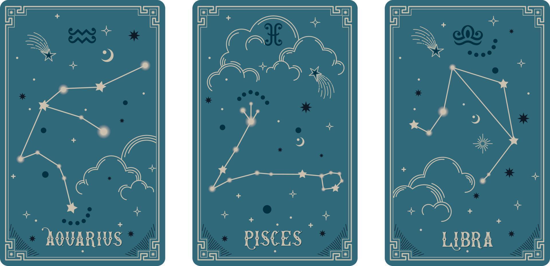 Aquarius Pisces and Libra zodiac symbols surround clouds and stars. Astrology horoscope cards vector illustrations. Elegant symbols and icons of esoteric horoscope