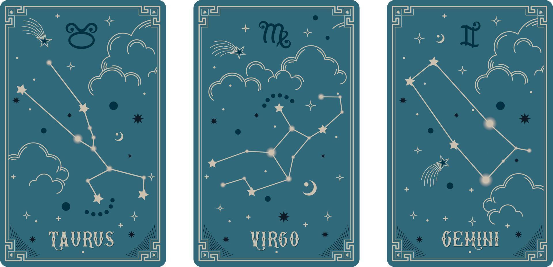 Taurus Virgo and Gemini zodiac symbols surround clouds, stars, luxury, esoteric, and boho styles. Fit for paranormal, tarot readers, and astrologers vector