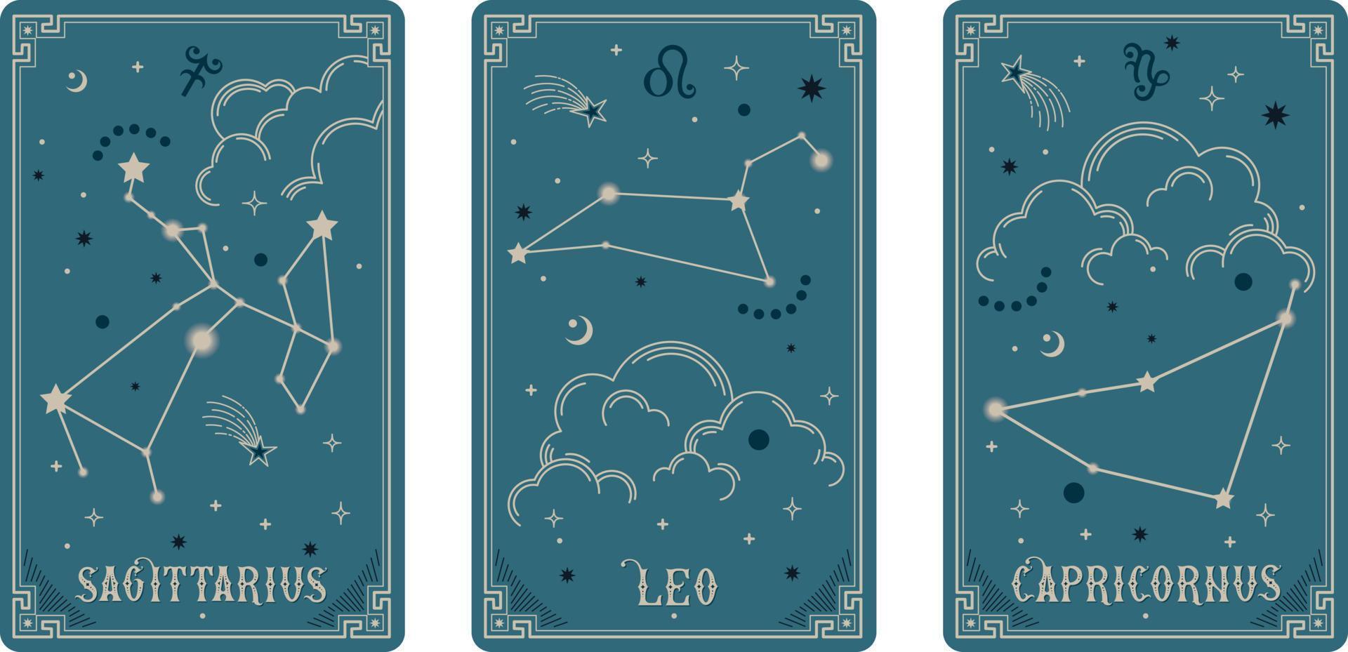 Sagittarius Leo and Capricornus zodiac symbols surround clouds, stars, luxury, esoteric, and boho styles. Fit for paranormal tarot readers and astrologers vector