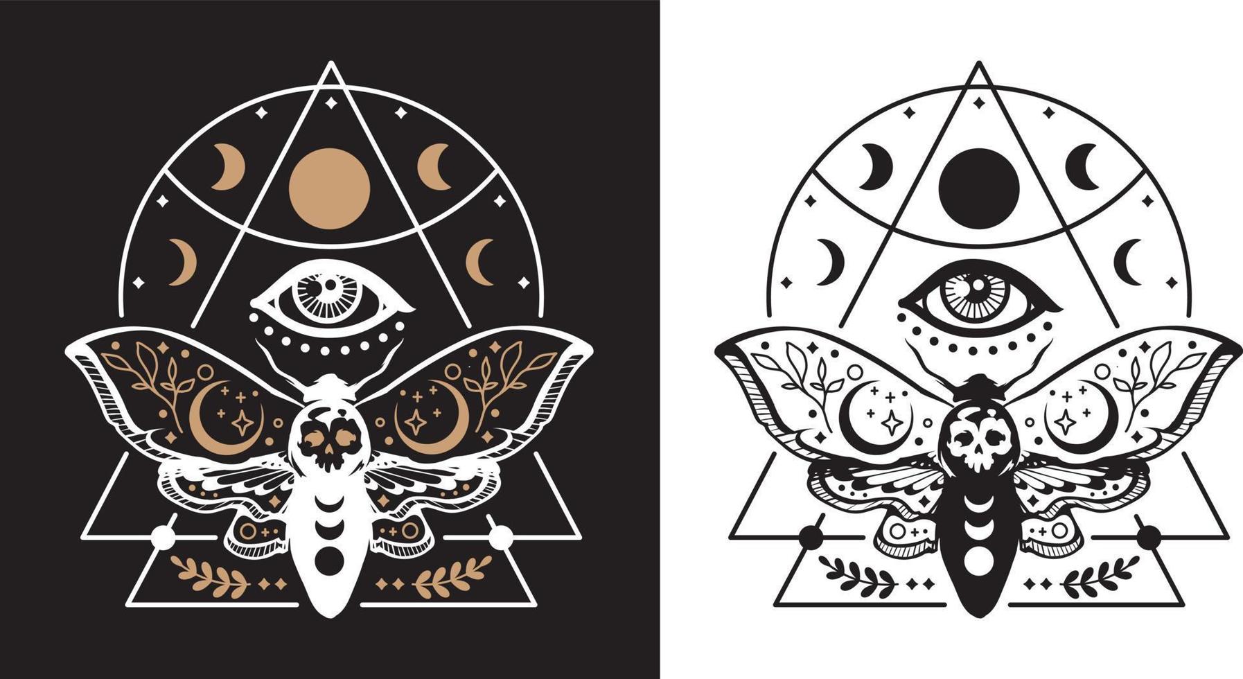 Celestial lunar death moth with third eyes vector illustration. Mystical moon moth with moon phases. Boho magic insect on white and black background.