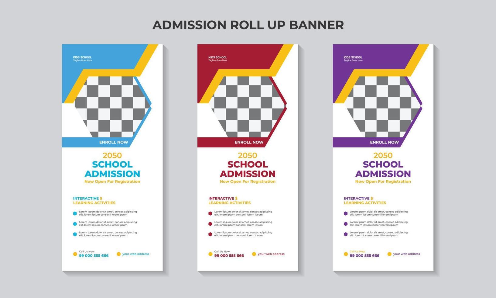 niños modernos regreso a la escuela educación admisión roll up banner o plantilla de diseño de tarjeta de estante. vector