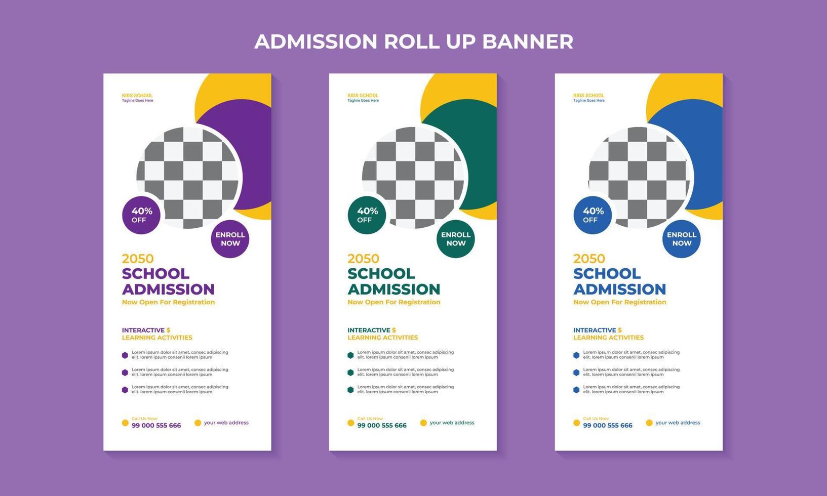 regreso a la admisión a la educación escolar y admisión a la escuela roll up banner o plantilla de diseño de tarjeta de estante. vector