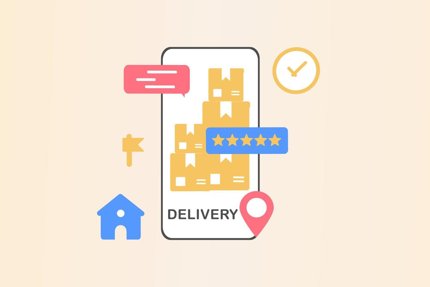 Online delivery courier service or delivery tracking mobile application concept on smartphone with packing coming out. Global logistic concept, quick and fast cargo shipment. Flat vector illustration.