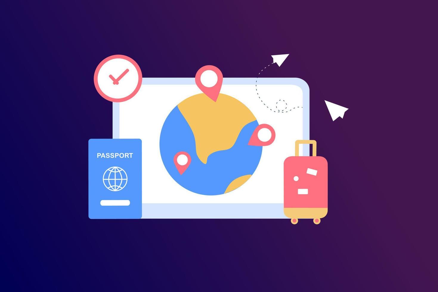 Traveling on airplane, planning for tourism on summer vacation concept. Business trip with passport and travel bag. Online ticket, travel booking and service concept. Flat vector illustration.