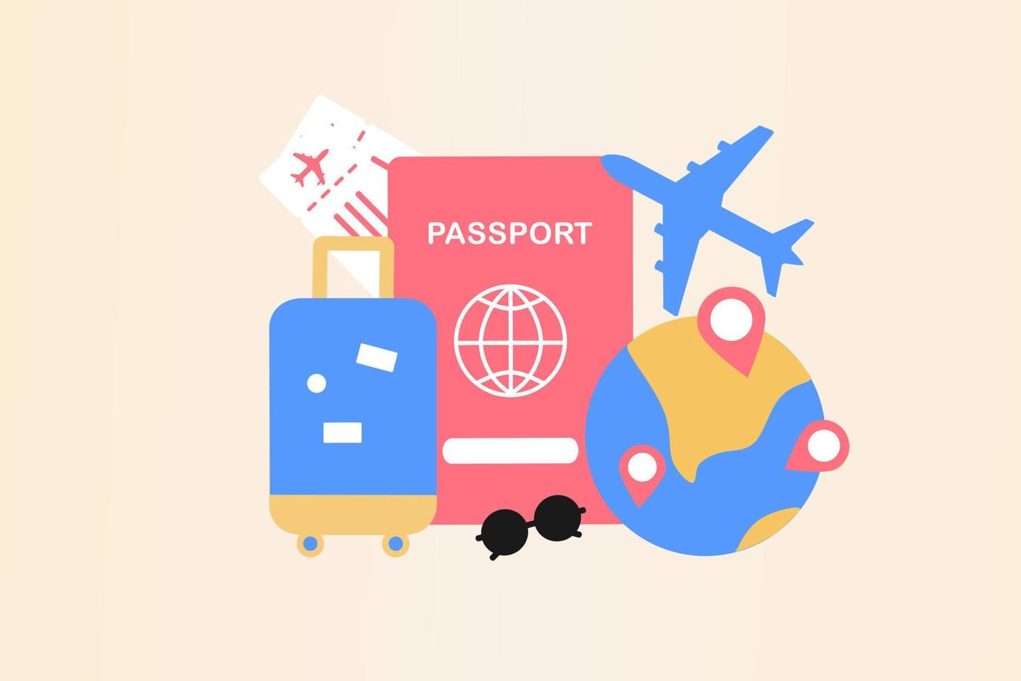 Traveling on airplane, planning for tourism on summer vacation concept. Business trip with passport and travel bag. Online ticket, travel booking and service concept. Flat vector illustration.