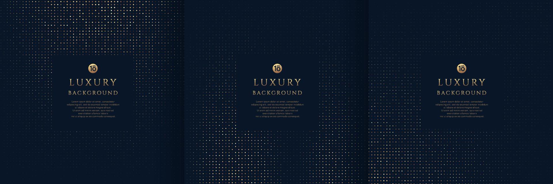 Set of glowing golden dots glitter overlapping on dark blue background. Collection of luxury and elegant halftone pattern with copy space. Vector design for cover template, poster, banner, print ad.