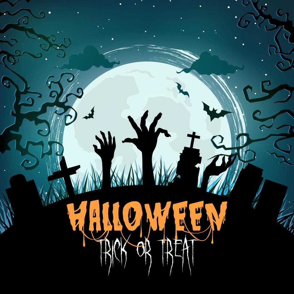 halloween background with spooky graveyard at night vector