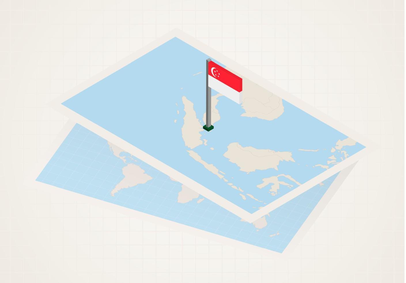 singapur seleccionado en el mapa con bandera isométrica de singapur. vector