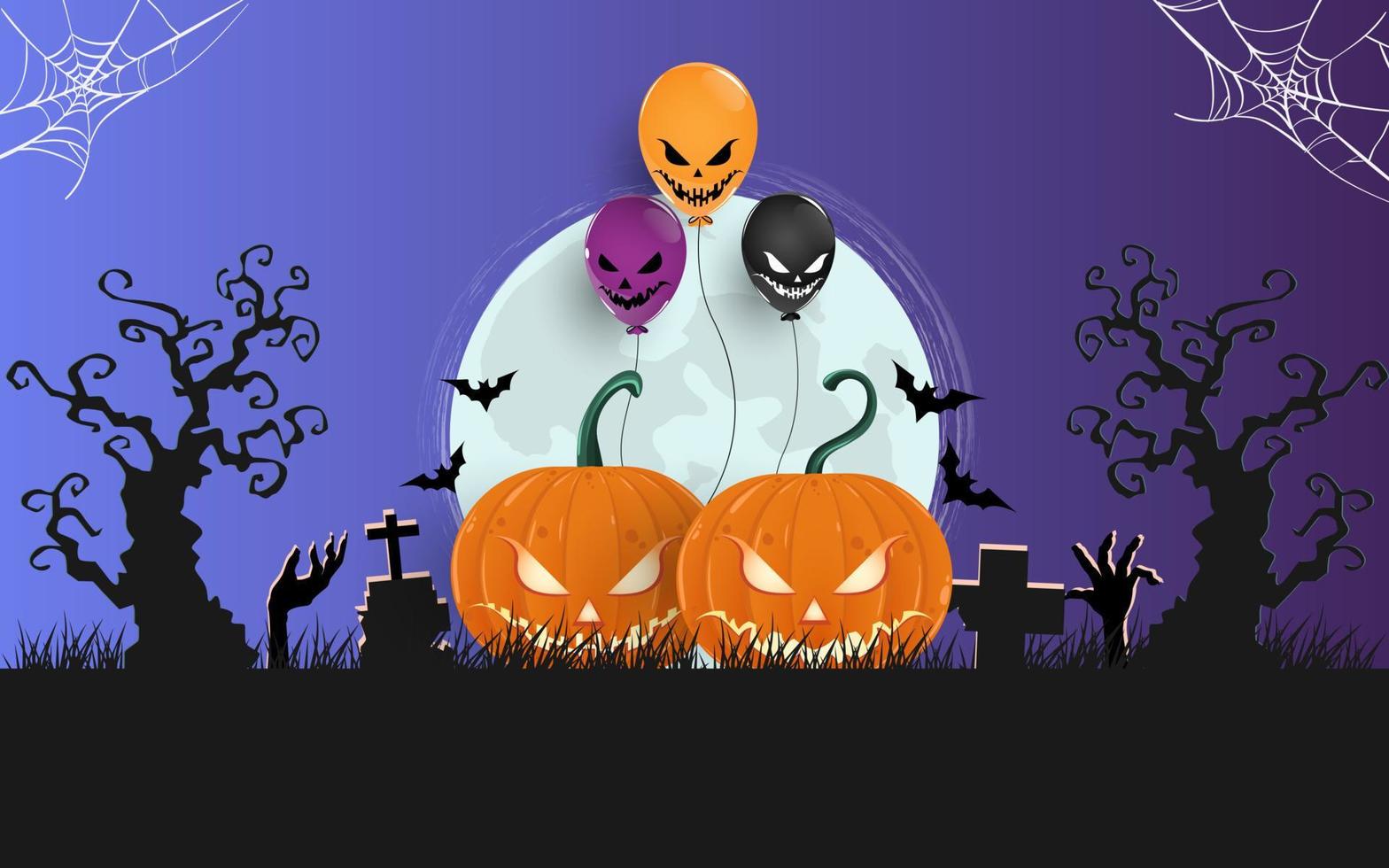 Halloween pumpkins under the moonlight. Spooky Forest At Night vector