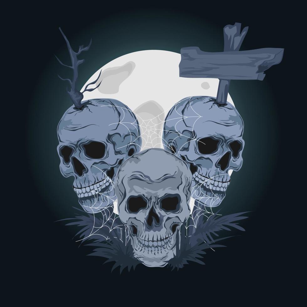 three spooky skulls. dark background with full moon vector